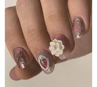 24pcs 3D Floral False Nails Short Oval Press On Nails For Spring Celebrations And Independence Day Festivities