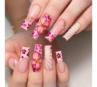 24PCS 3D Floral French Tip Press On Nails - Butterfly Leopard Stripe Decorated Almond Shape For Short Medium DIY Manicure Set, Handmade Pink Nude Design with Pearl Accents, Autumn Halloween Nail Art