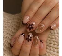 24PCS 3D Floral Press on Nails - Brown French Design with Nude Base & Deep Brown Tips for a Modern, Sophisticated Look, Chic & Stylish Short Gel Fake Nails for Women And girls