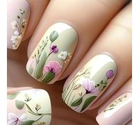 24PCS 3D French Floral Press On Nails Short Square Design - Reusable Fake Nails With Pink White Purple Flower And Green Leaf For Women Summer Manicure Easy Application Comfortable Fit Premium ABS