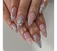 24pcs 3D Geometric Pearl Press on Nails - Medium Length Almond Shape False Nails with for Women, Elegant Design with Glossy Finish for Daily Wear, Parties and Special Occasions