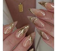 24PCS 3D Gold Bronzing Press on Nails - Medium Length Almond Fake Nails with Shiny Textured Design & Gold Lines, Natural Acrylic Nails for Women, Easy to Apply & Remove, Elegant for Any Occasion