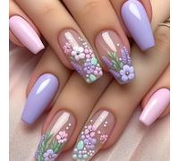 24Pcs 3D Handmade French False Nails, Medium Coffin Press on Nails, Pink Purple Flowers Full Cover Acrylic Stick on Nails in 12 Sizes, Removable Manicure Kit for Women Girls Daily Wear