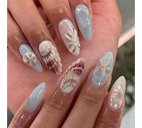 24Pcs 3D Ocean Press on Nails - Summer Blue False Nails with Glue - Glossy Fake Nails Shell Starfish Design - Full Cover Acrylic Glue on Nails for Women Nail Art Accessories
