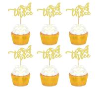24Pcs 3rd Birthday Cupcake Toppers Glitter Third Birthday Decorations Three Cupcake Picks for Baby Shower 3rd Birthday Anniversary Party Cake Decorations Supplies Gold