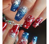 24Pcs 4th Of July Acrylic Artificial Nails Ballet Styles With Star Glitters Design Press On Nails For Manicure Decors