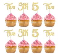 24Pcs 5th Birthday Cupcake Toppers Glitter Fifth Birthday Five Cupcake Picks for Baby Shower 5th Birthday Anniversary Party Cake Decorations Supplies Gold