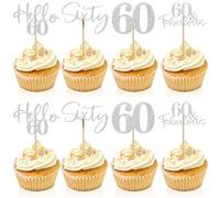 24PCS 60th Birthday Cupcake Toppers Sliver Glitter 60the Birthday Cupcake Picks for 60th Wedding Anniversary Cake Party Decoration Celebrating the Golden Wedding Party