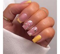 24PCS ABS Artificial Nails with French Yellow White Flowers and Lovely Bees Design Glossy Short Press Stick Nails Fashion Nails