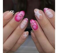 24Pcs ABS Materials Fake Nails Glossy Surfaces Pearls Embellished Star Floral Patterns Trendy Manicure Solution Short Oval ABS False Nail Quick