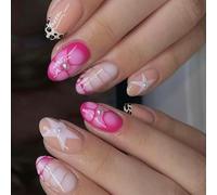 24Pcs ABS Materials Fake Nails Glossy Surfaces Pearls Embellished Star Floral Patterns Trendy Manicure Solution Star Floral Pearls False Nails Short Oval