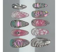 24pcs ABS Materials False Nails Showcasing Waves Silver Frozens Butterfly Pearls Shining Fashion Design False Multi Size Presses on Silver Butterfly