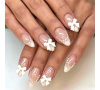 24PCS Acrylic Almond Shape Press on Nails - Short French Tip with 3D Bow & Pearls - Elegant False Nails for Women & Girls Includes Jelly Adhesive Tabs, Reusable Full Cover Art Accessories