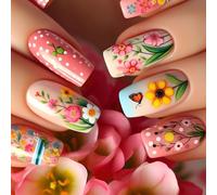 24Pcs Acrylic Press On Nails Ballet Shape False Nails Art With Flower Stick On Designs For Fashion Enthusiasts Nail Decoration