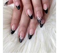 24pcs Almond Artificial Nails Glossy Press on Nails Full Covers With Bows Designs French Tip Stick on Nails Manicure