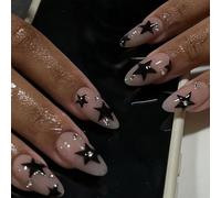 24PCS Almond Coffin Press on Nails,Medium Cool False Nails with Star and Rhinestone Design,Black French Tip Artificial Nails Finger Manicure for Women