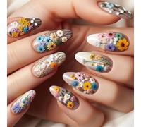 24pcs Almond Fake Nail Press Nail Press Nail Artificial Nails Fake Nail Nail Adhesive Flower Design French Nail Tips Press Coffin Almond French Tip Press On
