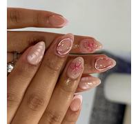 24pcs Almond Fake Nails Press Artificial False Adhesives on Flower Designs French Tips Acrylic Glue on Nail for Women Clear