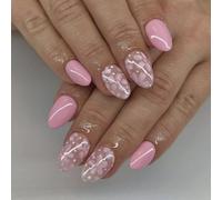 24Pcs Almond Fake Nails Press on Artificial False Glues on Flower Designs French Tips Acrylic Glues on for Women Clear