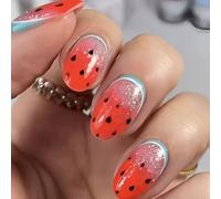 24Pcs Almond Fake Nails Press On Artificial False Glues On Watermelon Designs French Tips Stick On Nail