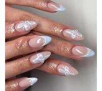 24Pcs Almond Fake Nails Press On Nails Artificial False Glues On Butterfly Designs French Tips Press Nail Coffin Almond French Tip Nail