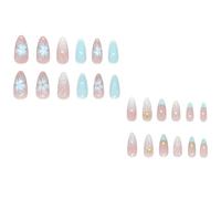 24Pcs Almond Fake Nails Press On Nails Artificial False Glues On Flower Designs French Tips Press Nail Coffin Almond French Tip Nail