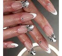 24pcs Almond False Nail French Tip Metal Bows Design Press Press Press To Use Nail