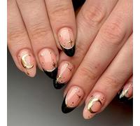 24Pcs Almond False Nails - Black Edge Press on Nails with 3D star and The Moon - Fake Nails with Glue - Stick on Nails in 12 Sizes - Full Cover Acrylic False Nail Tips for Women Girls Nail Art