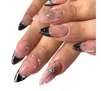 24Pcs Almond False Nails, Black Press on Nails with 3D Star, Press on Nails Almond with Glue, White Diamond French Glue on Nails Full Cover Stick on Nail Art Manicure Decorations