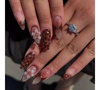 24pcs Almond False Nails - French Tip Press on Nails with Nail File & Glue Tabs - Red Edge Short Removable Full Cover Classic with Coffee 3D Leopard flower - Stick On Nails For Nail Art Gift