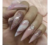 24Pcs Almond False Nails, Glitter Nude Pink White Acrylic Long Full Cover Press on Detachable Stick for Women DIY