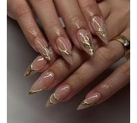24PCS Almond False Nails Medium, 3D French Gold Edge Press on Nails Elegant Gold Line Stripes Design Fake Nails, Full Cover Acrylic Almond False Nail for Women Girls Nail Art