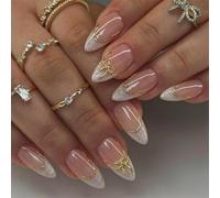 24PCS Almond False Nails, Medium Length White Pearl French Stick on Nails, Golden Line Bow Design Press On Full Cover Acrylic Nail, Removable Glue-On Fake Nail for Women & Girls, Thoughtful Gift