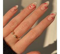 24Pcs Almond False Nails, Nude White French Cherry Acrylic Medium Length Full Cover Press on Detachable Stick for Women DIY