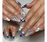 24pcs Almond False Nails Press On Nails Glossy French Artificial Nails With Blueberry And Bows Manicure Nails Art