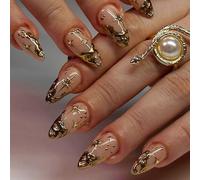 24Pcs Almond False Nails Short - Acrylic Press on Nails Stiletto with 3D Sculpting Metallic Star Pattern - Full Cover Fake Nails Set with Glue - French Oval Stick on Nails for Women DIY Nail Art