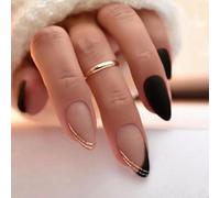 24pcs Almond False Nails: Short French Black Combo - Pure Color Glossy Acrylic Full Cover - Stick On With Glue - Oval Sizes - Autumn Winter DIY Nails Art