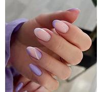 24Pcs Almond False Nails Short, Pink Purple Fake Nails Nude Acrylic Full Cover Stick on Nail with Swirl Designs, Glossy French Tips Artificial Press on Nail for Women Girls