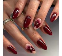 24Pcs Almond False Nails Short - Red French Tip Fake Nails with 3D Elegant Flower Design - Acrylic Fake Nails with Glue - Long Lasting Stick on Nails for Women Girls Nail Art Daily Wedding Wear