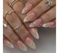24PCS Almond False Nails, White Pearl French Tip with Golden Bow Design, Short Press on Nails in 12 Sizes, Full Cover Ballerina Acrylic Nail Kit Includes Nail File & Jelly Gel