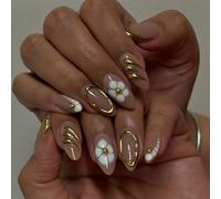 24Pcs Almond False Nails with Nude Pink Base & White Floral Gold Detailing - Glossy High-Shine 3D Designs for Elegant Manicure Special Occasions Daily Wear Art Tips Modern Fashion Silhouette