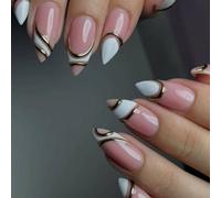 24PCS Almond Form Press Nails Elegant French White Tip Press Nails Nuded Pattern for Party French Tip
