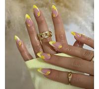 24Pcs Almond French Press on Nails with Bright Yellow Daisy Accents - Glossy False Nails Cheerful Design - Fake Short Almond Tip Stick on for Women French Tip Flower