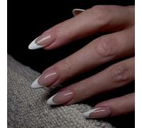 24PCS Almond French Tip False Nails - Natural Nude Style Press On Nails with Elegant French White Tips - Medium Length Glossy Cover Fake for DIY Art,Easy Application for Stylish Manicures