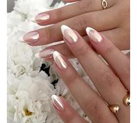 24Pcs Almond French Tip False Nails, Shiny White Edge Press on Nails, Nude Pink Fake Nails for Girls Women DIY Nail Art, Short Almond Nails Kit 11