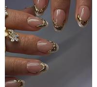 24Pcs Almond Gold Designs French Fake Acrylic False, Artificial Glues on for Women Designs False