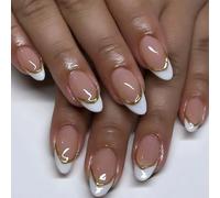 24PCS Almond Gold Striped Press on Nails,Medium French False Nails with White Edge Design,Glossy and Full Cover Acrylic Fake Nails for Women Girls