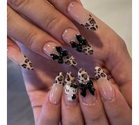24PCS Almond Leopard Press on Nails,Medium Length with 3D Bow and Kitty Design False Nails,Cute and Cool Y2K Fake nails,Smooth French False Nails for Women or Girls