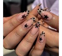 24PCS Almond Leopard Press on Nails,Medium Length with 3D Star Design False Nails,Cool Y2K Coffin Nails for Women or Girls