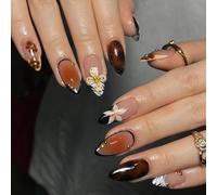 24PCS Almond Medium Gel Press On Nails With Brown Black Gradient And 3D Butterfly Floral Designs - Full Cover Glossy False Nails For Sophisticated Fall Manicure And Special Occasions